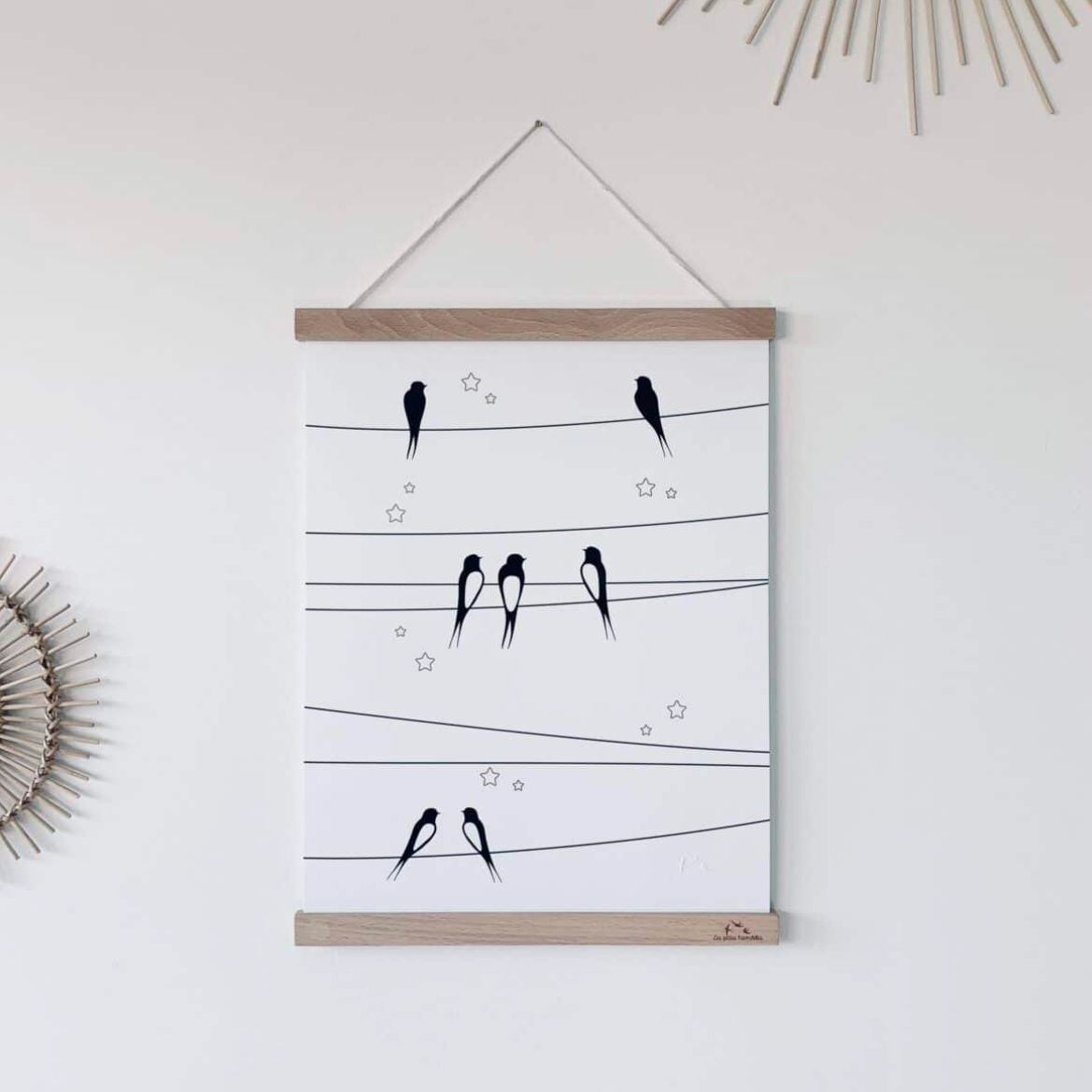 Paper poster – Swallows on a wire – White sky